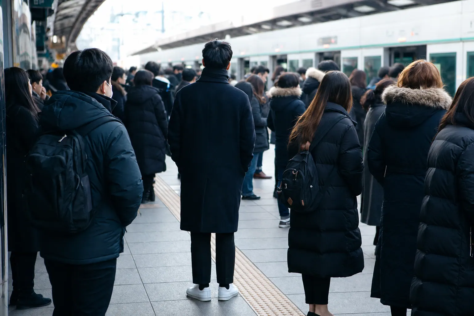 A crowded subway platform on a cold morning, commuters in dark coats waiting, one person standing still and facing the opposite direction from the flow of the crowd.