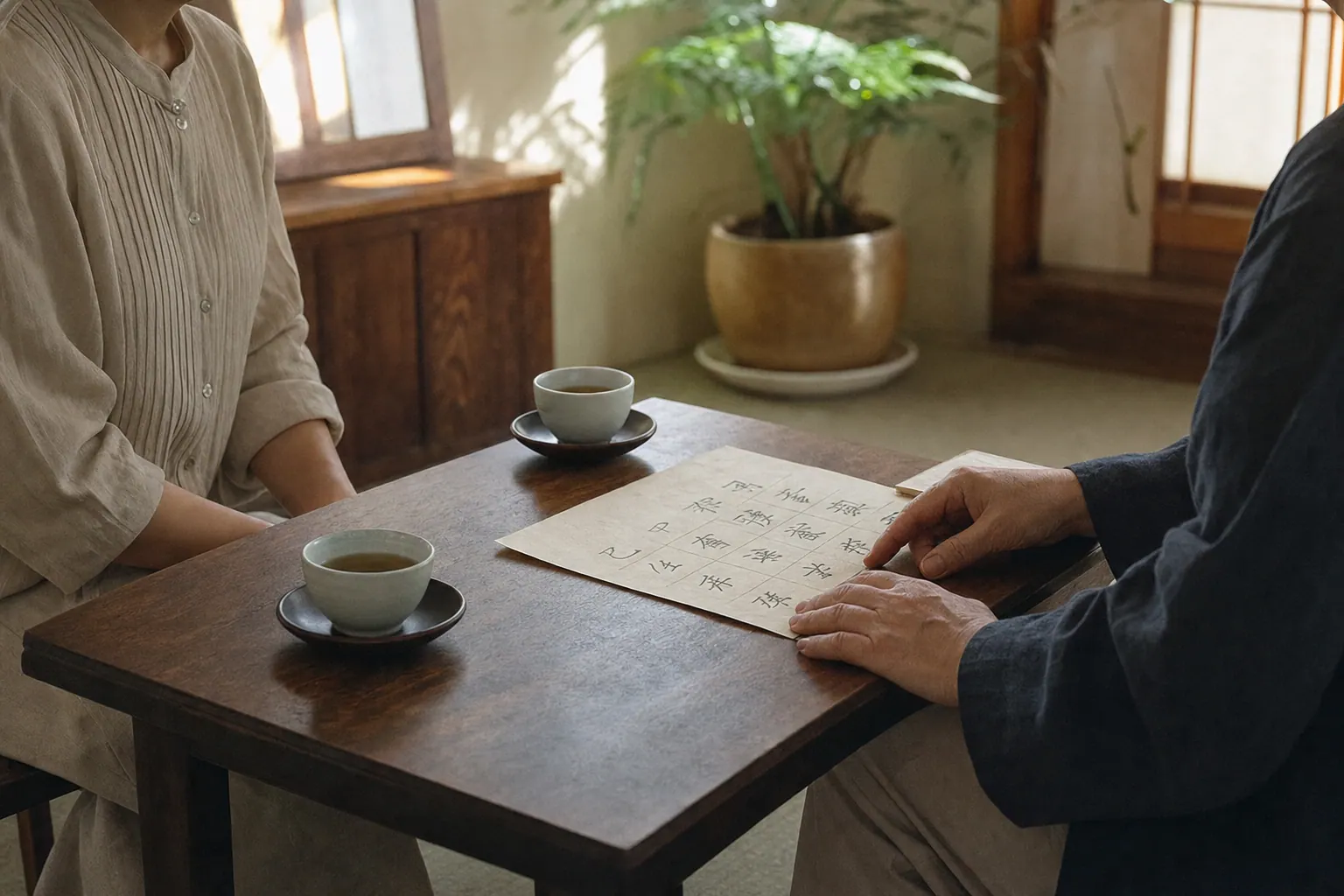 A small counseling room in warm afternoon light, a low wooden table with two cups of tea, a handwritten chart of Chinese characters on paper between two seated figures shown from the shoulders down.