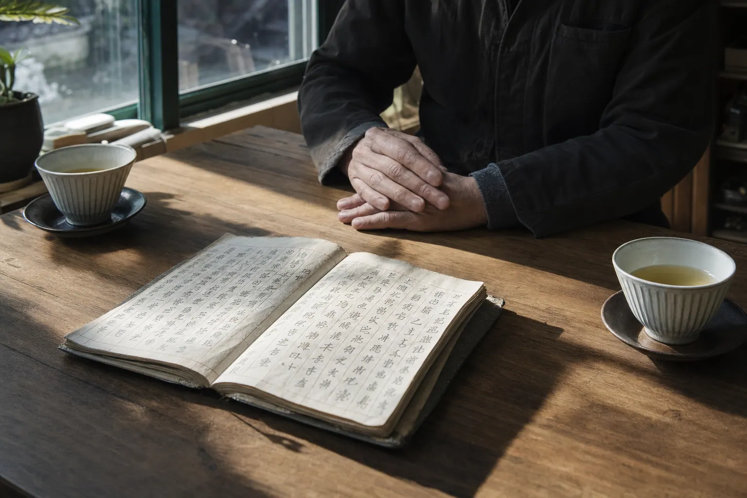 A consultation desk near a window, two teacups, a worn notebook open to handwritten columns of Chinese characters, an adult's hands resting still on the table while afternoon shadow crosses the wood grain.