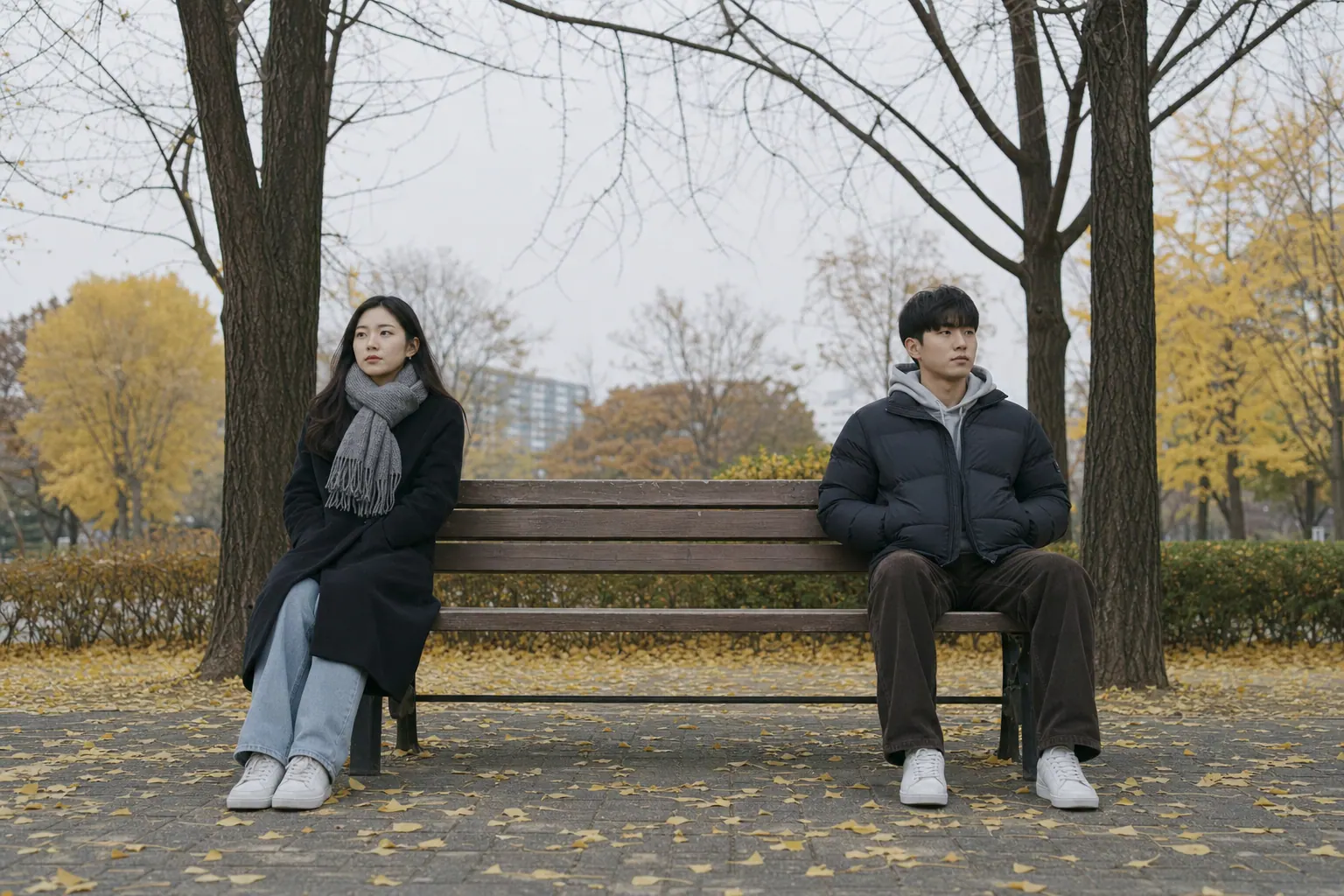 A photorealistic documentary photograph of a young Korean couple sitting on opposite ends of a park bench under bare ginkgo trees, fallen yellow leaves on the pavement, both looking ahead rather than at each other, overcast daylight.