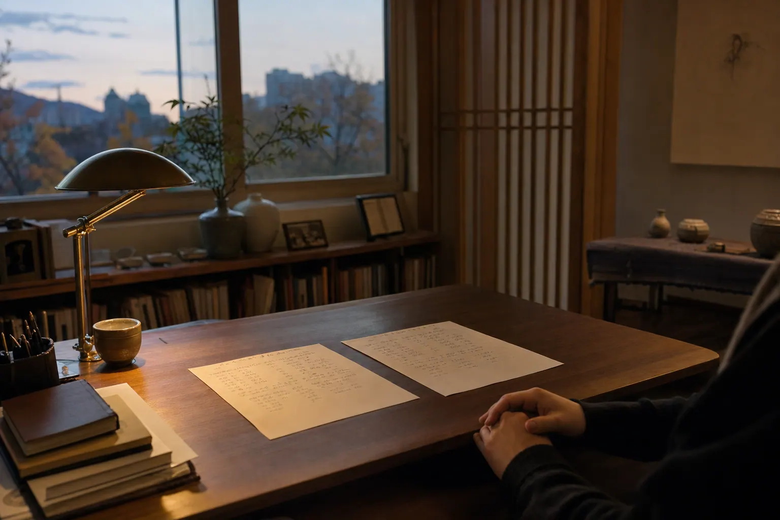 A photorealistic documentary photograph of a modest counseling room in evening, a wooden desk with two sheets of handwritten birth data placed side by side, a warm lamp, a person's hands resting still on the table edge, dim autumn dusk beyond the window.
