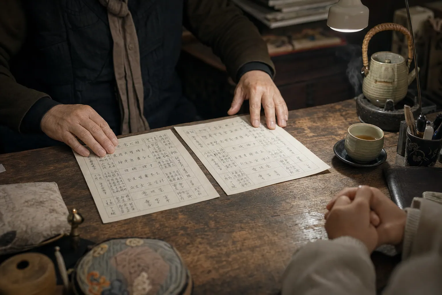 A documentary photograph of a counselor's hands laying two handwritten Saju charts side by side on a worn wooden desk under a warm lamp, a pot of barley tea steaming beside them, a client's hands visible resting nervously at the edge of the frame.
