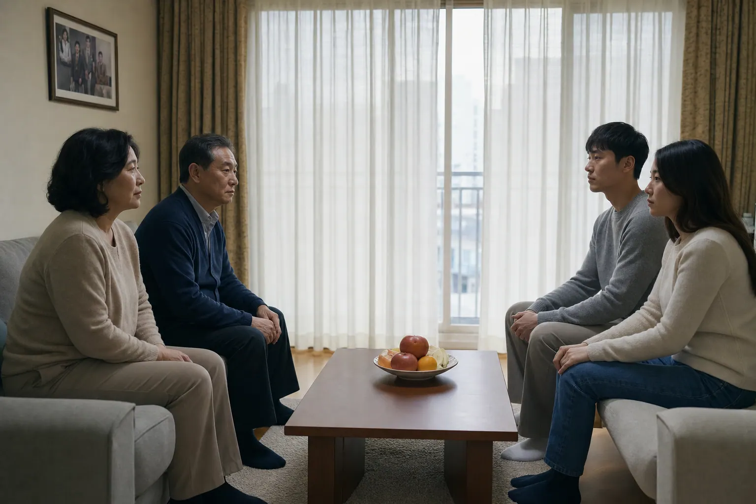 A photorealistic documentary photograph of an older couple and a younger couple sitting across from each other in a modest apartment living room, an untouched fruit plate on the low table, formal posture and cautious expressions, soft daylight through sheer curtains.