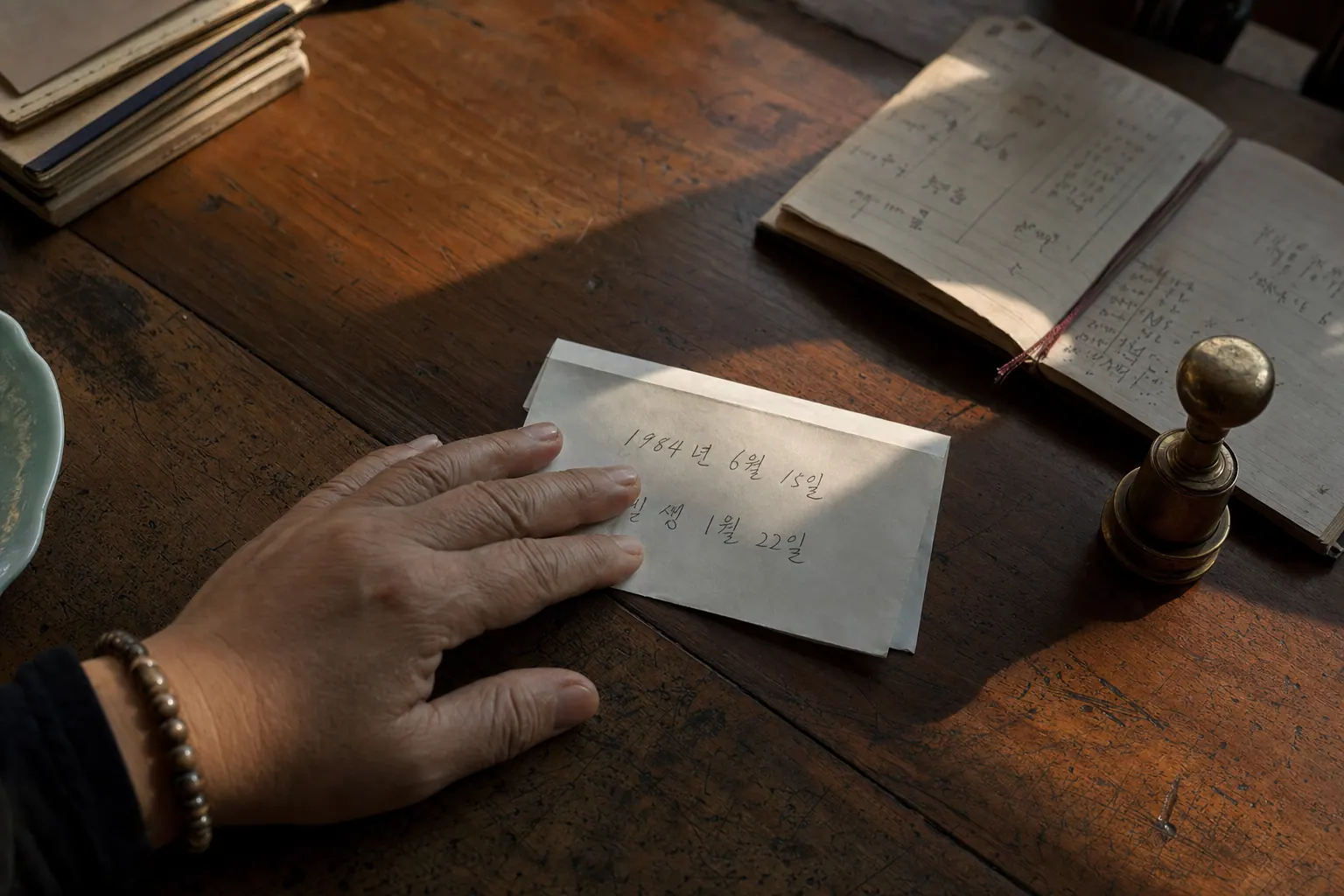 A photorealistic documentary photograph of a hand resting on a folded slip of paper with handwritten Korean birth dates, a worn desk with an open notebook and a brass ink stamp, late afternoon shadows crossing the wood grain.