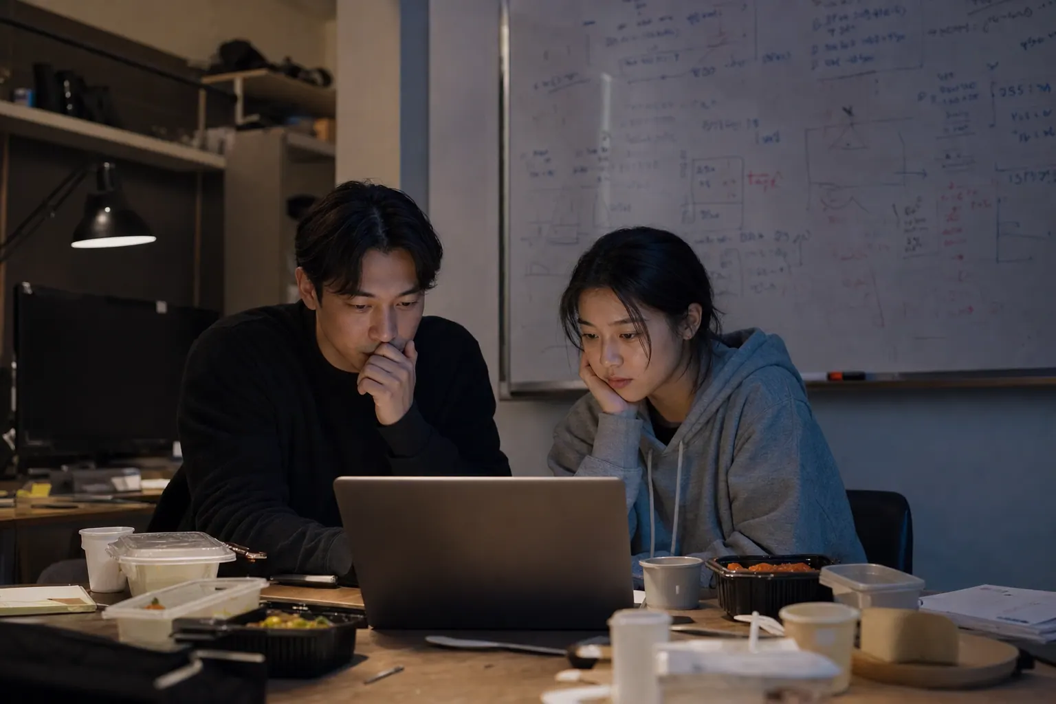 A photorealistic scene inside a cramped shared studio, two founders in their early thirties studying a laptop late at night, whiteboard covered in figures behind them, takeout containers pushed to the edge of the table.