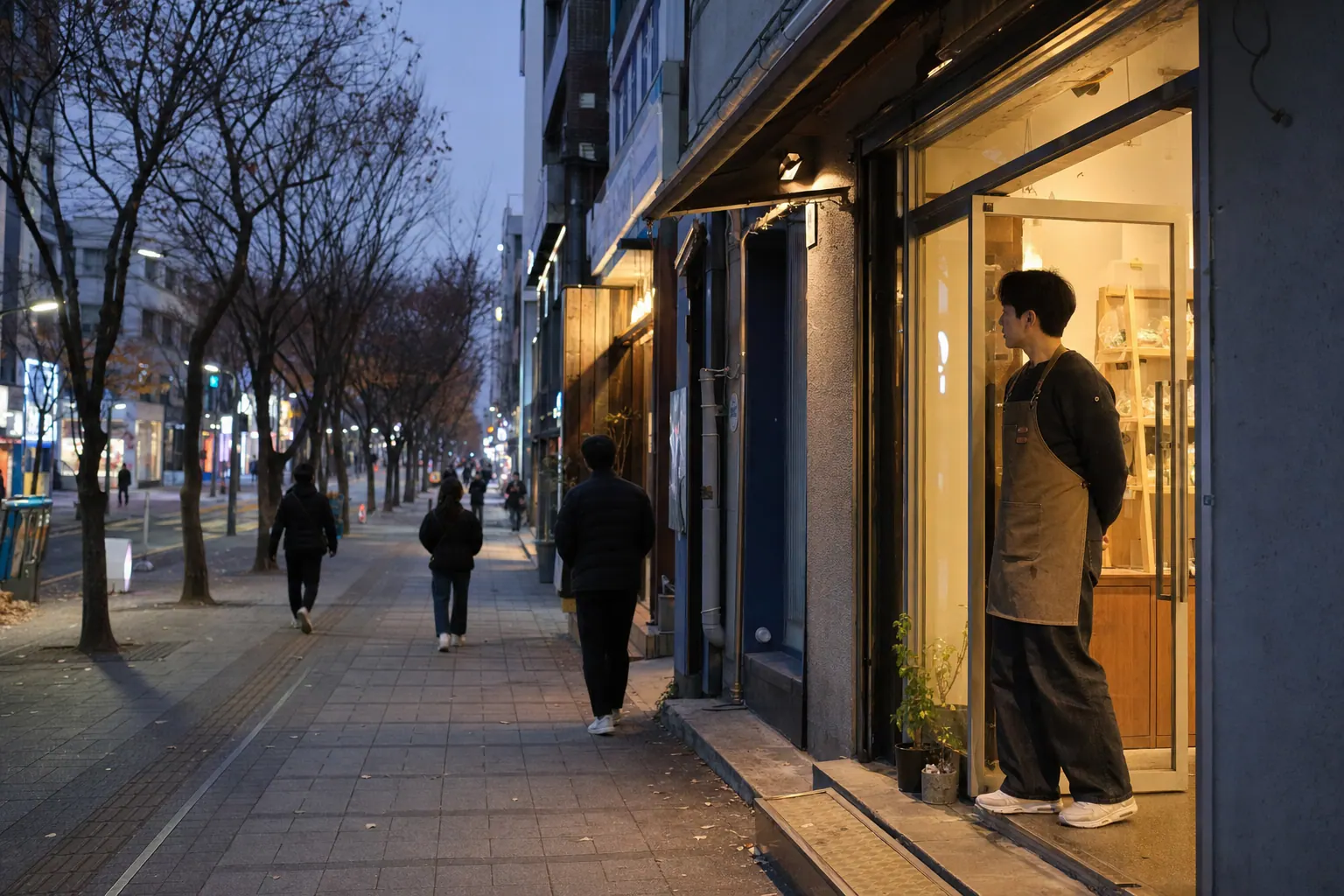 A photorealistic evening street in a Seoul commercial district in autumn, a small storefront newly opened with its lights on, the owner standing in the doorway watching thin foot traffic pass under bare trees.