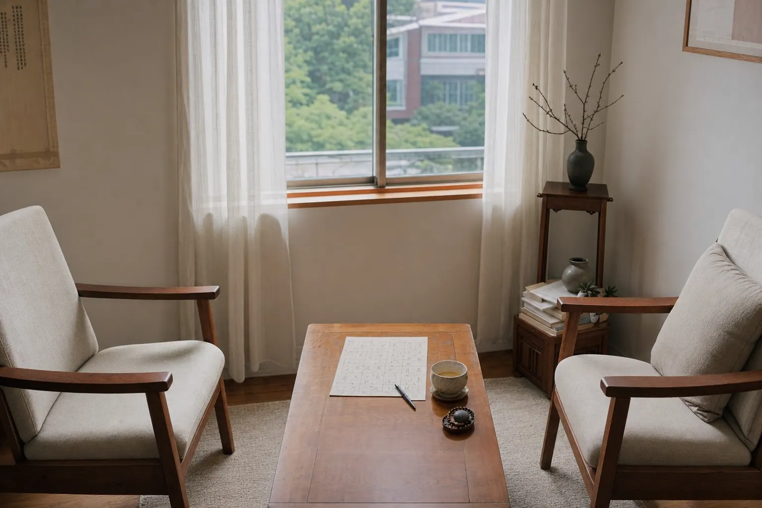 A photorealistic documentary photograph of a small counseling room, afternoon light through a window, a low wooden table with a handwritten birth-chart grid and a cup of barley tea, two chairs facing each other, one empty.