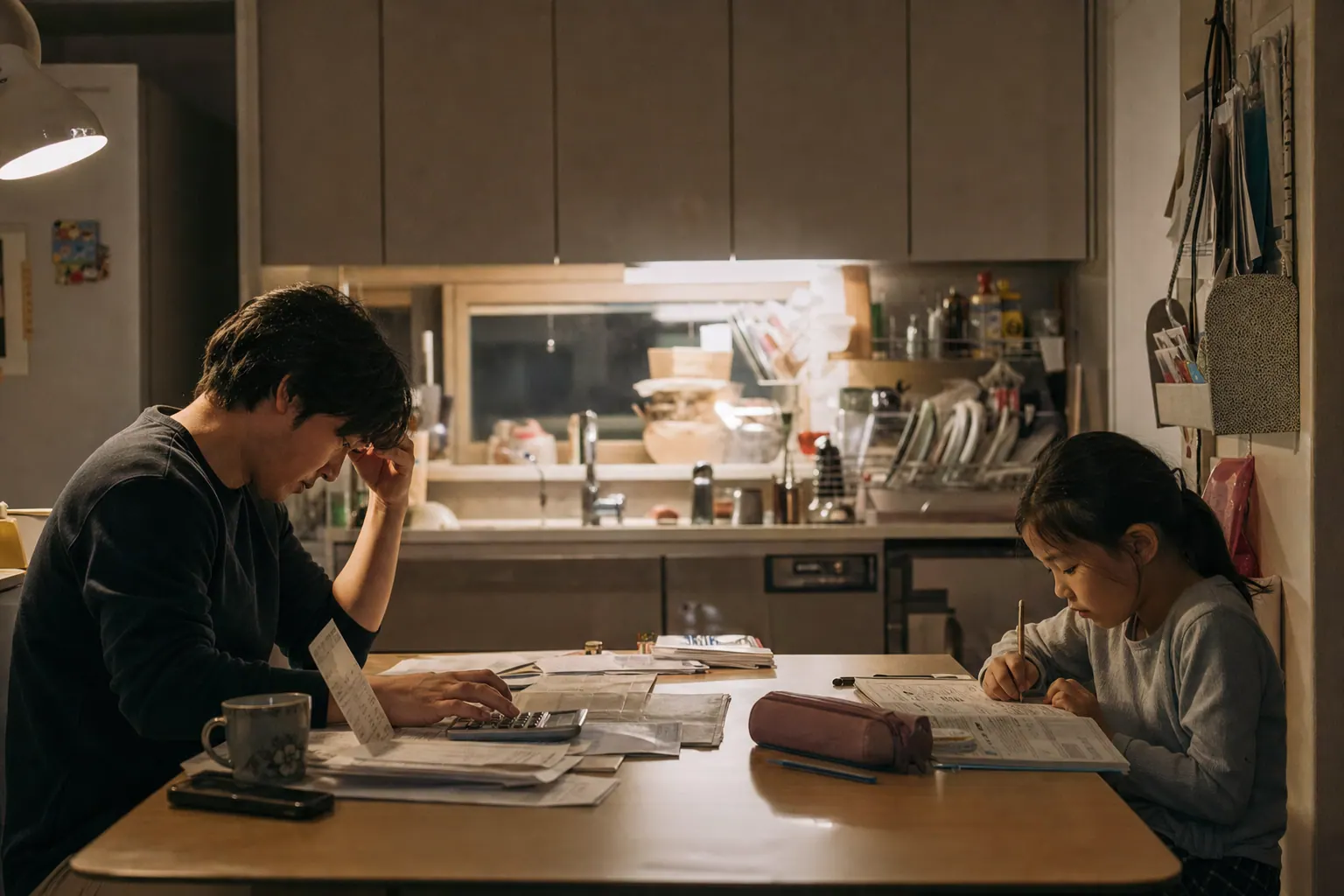 A photorealistic documentary photograph of a family apartment in early evening, a parent at a cluttered kitchen table with bills and a calculator, a child doing homework at the other end, warm lamplight, dishes drying by the sink.