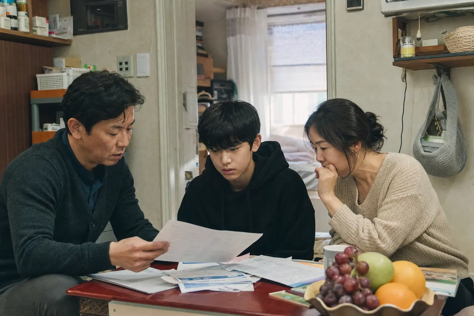 A cramped but warm family apartment interior in daytime, a young couple and their teenage son seated close together at a low table with hospital paperwork and a bowl of fruit, soft window light, medicine on a shelf in the background.