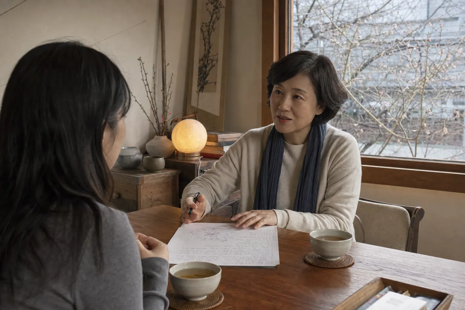 A small counseling room in early spring, a wooden table with a handwritten birth-chart sheet, two cups of barley tea, a window showing bare branches just beginning to bud, warm lamplight, two people seated across from each other mid-conversation.