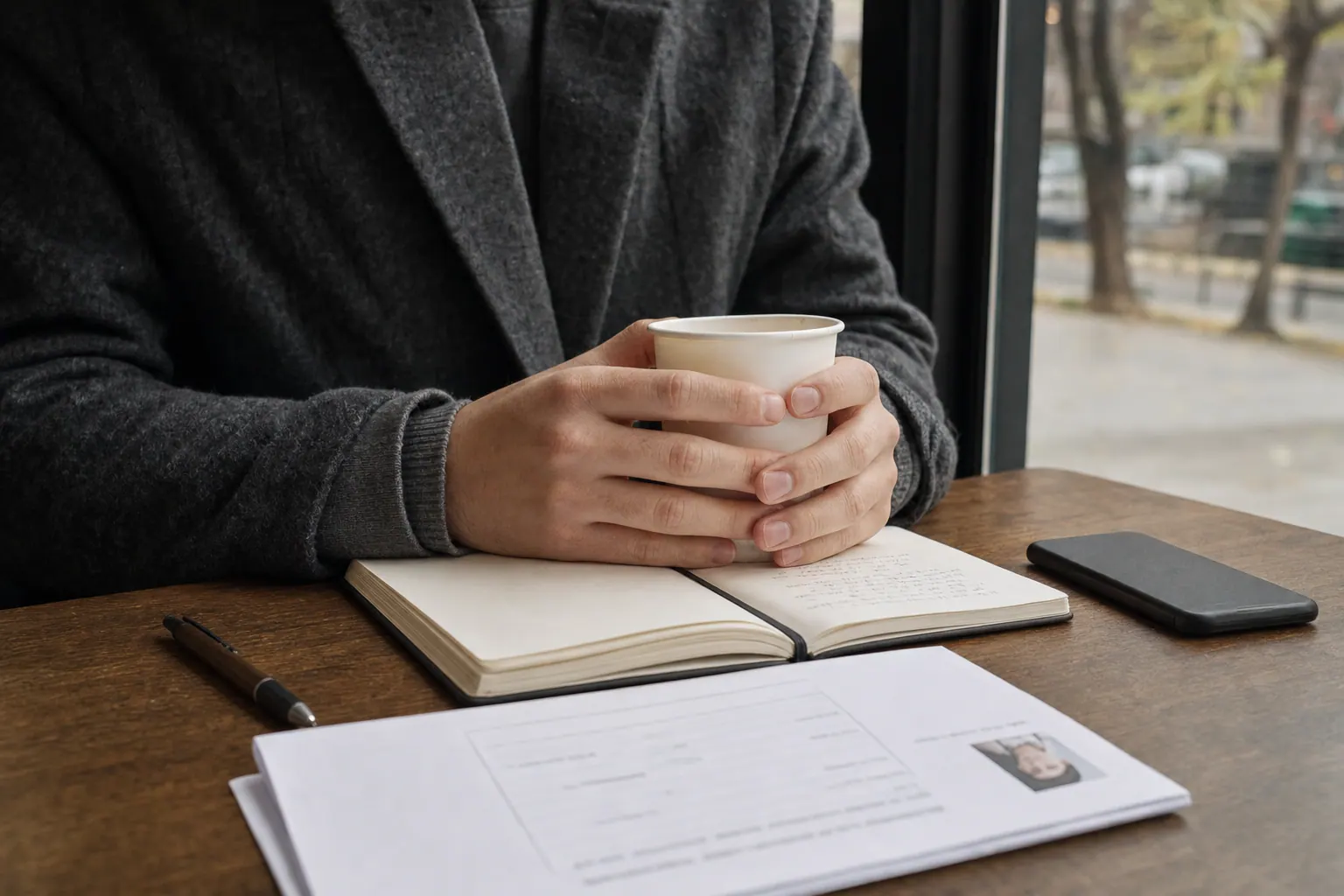 A photorealistic documentary photograph of a person's hands holding a thin paper cup over an open notebook on a cafe table in late autumn, soft grey daylight, a folded resume and a phone face down nearby, the person's face out of frame.
