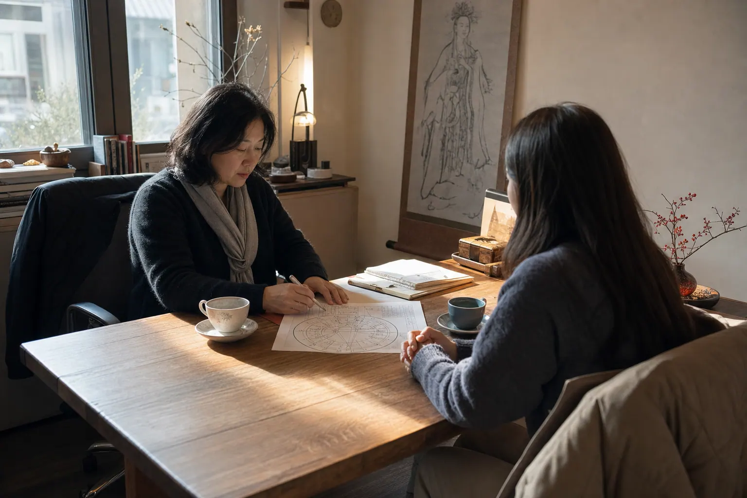 A photorealistic documentary photograph of a small counseling room in late afternoon, low autumn light across a wooden desk, a printed birth chart and two teacups between a seated reader and a client whose hands are folded, a coat draped over the chair back.