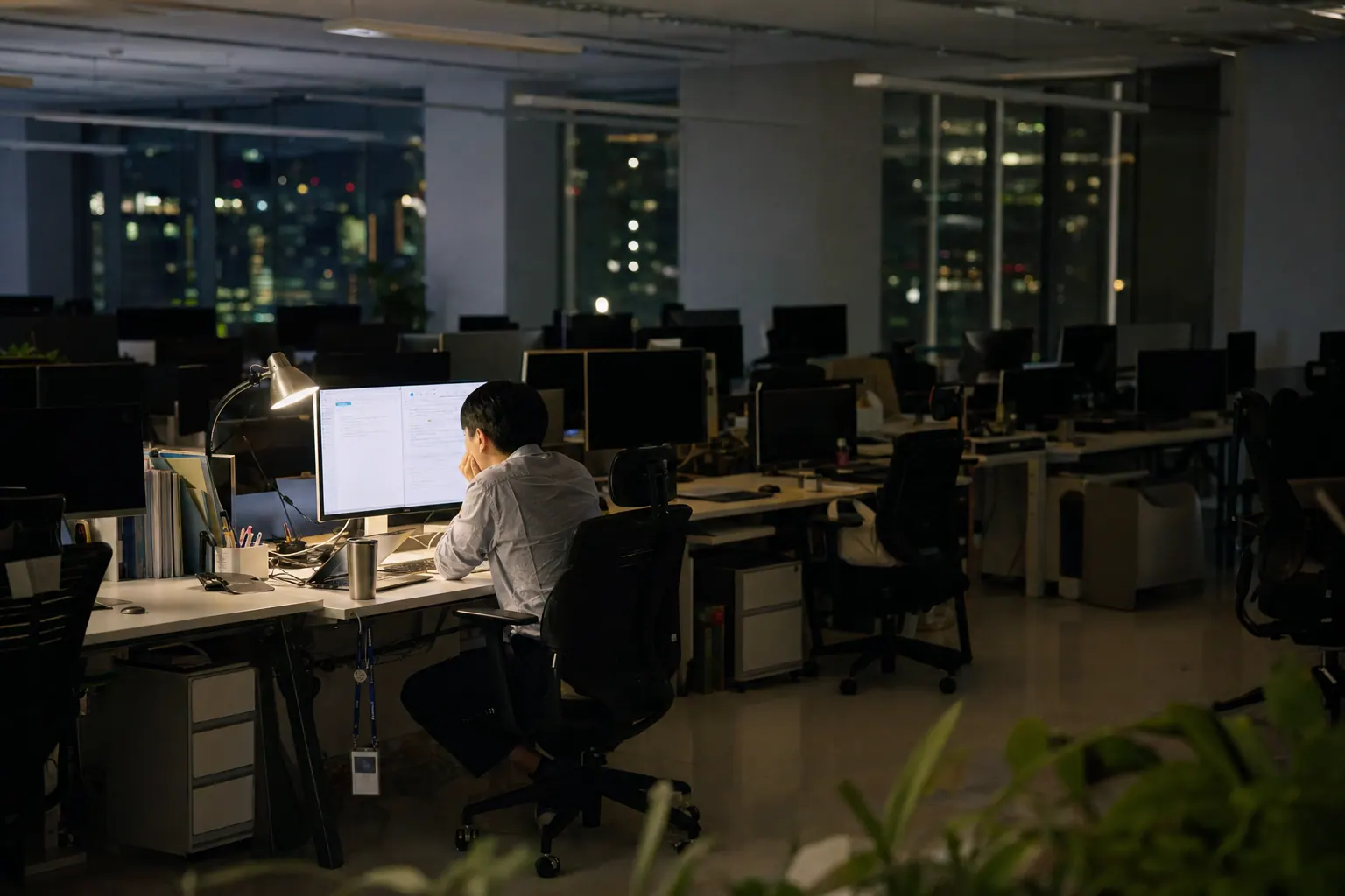 A photorealistic documentary photograph of an open plan Seoul office at night, one desk lamp still on, a worker in a wrinkled shirt studying a monitor while empty chairs and dark screens stretch behind, a lanyard badge hanging from the desk edge.