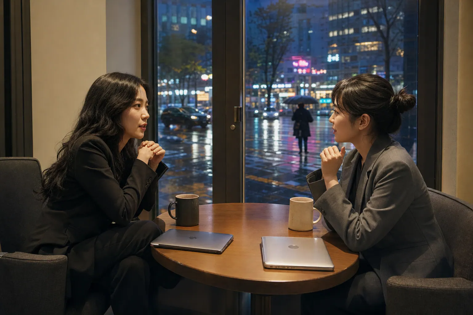 A photorealistic documentary photograph of two women in business attire talking across a small cafe table near a window at dusk, laptops closed, warm interior light, wet Seoul street visible outside.