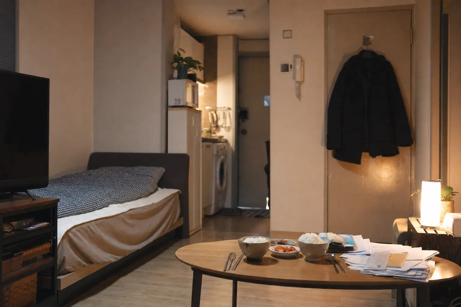A photorealistic documentary photograph of a modest one-room Seoul apartment at night, a low table with two rice bowls and household bills stacked to one side, a coat hung by the door, soft lamp light.