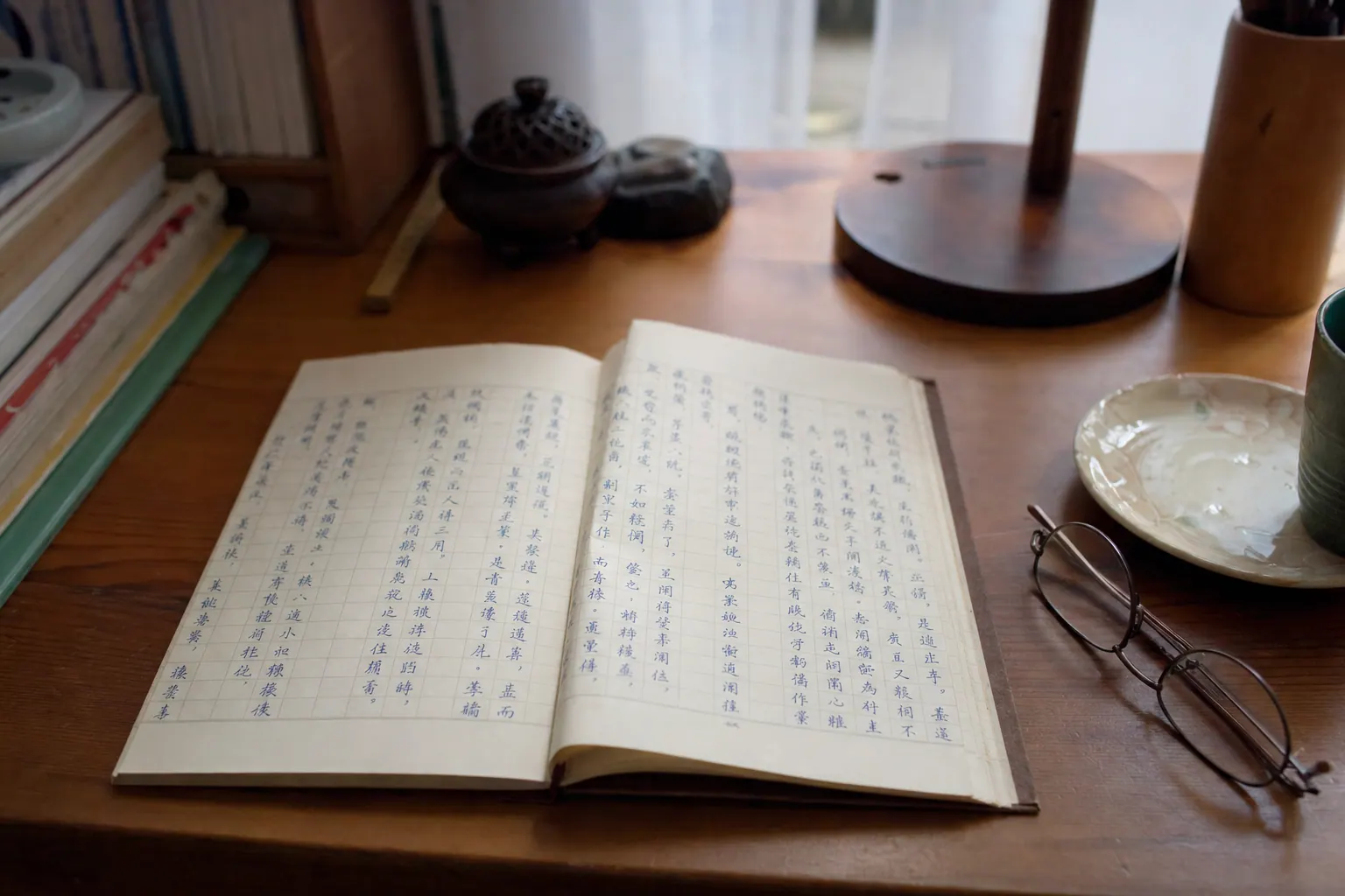 Close view of an open notebook on the same desk, columns of Chinese characters written in blue ink, a pair of reading glasses folded beside a saucer, late daylight fading toward lamp light.