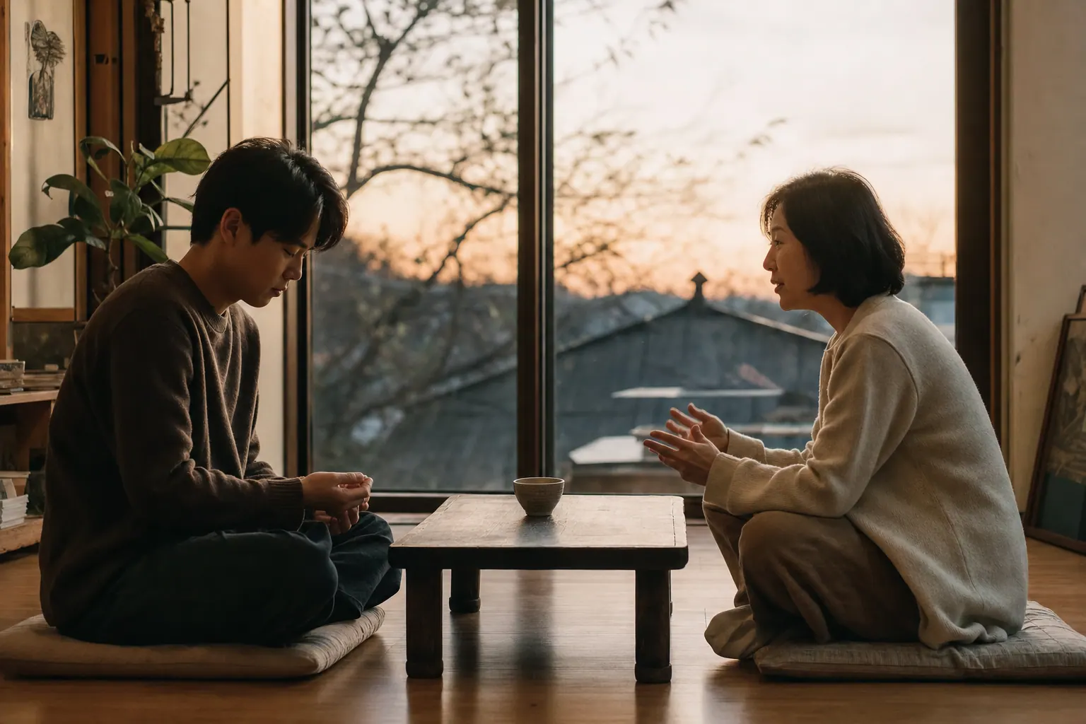 Two people seated across a low table near a window at dusk, an emptied teacup between them, the counselor gesturing gently while the client looks down at their own hands, the room warm and unhurried.