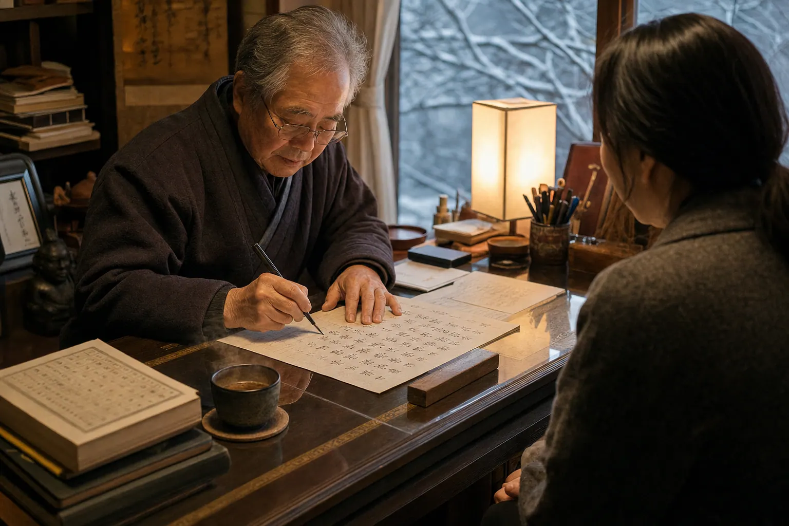 A photorealistic documentary photograph of a Saju practitioner's hands writing Chinese characters on paper across a desk from a nervous client, a cup of barley tea steaming beside the manuscript, warm indoor lamp light in winter.
