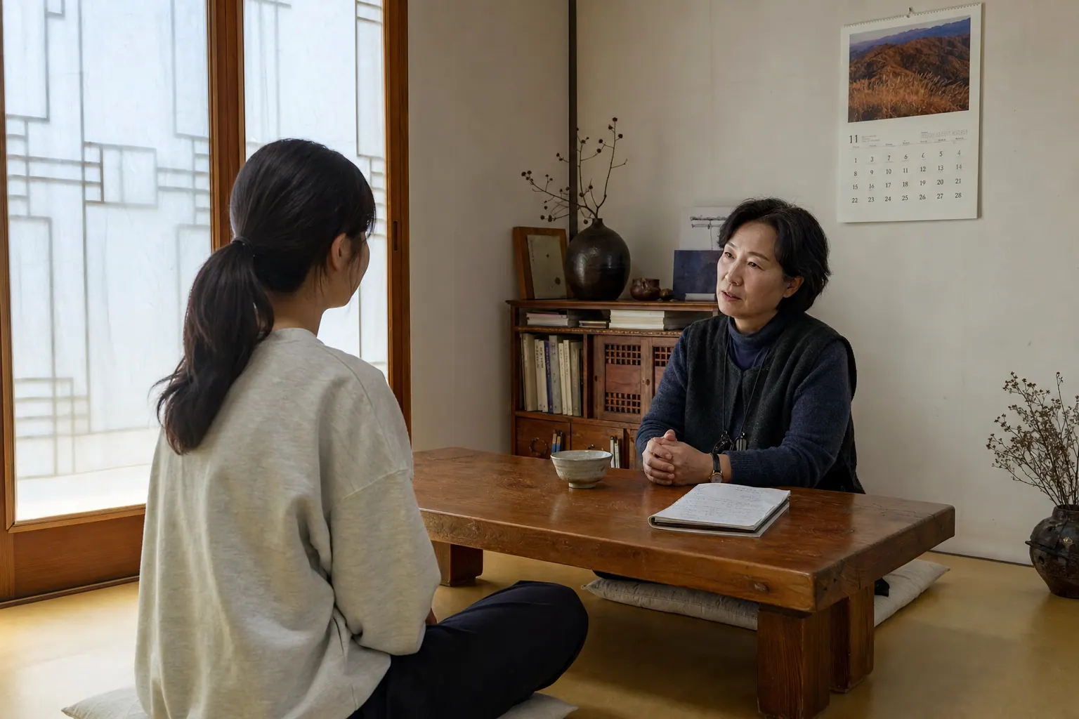 A photorealistic documentary photograph of a small counseling room interior, a low wooden table with a worn notebook and a cup of barley tea, two people seated across from each other on floor cushions, soft afternoon light through a paper screen, a calendar on the wall showing a late autumn month.