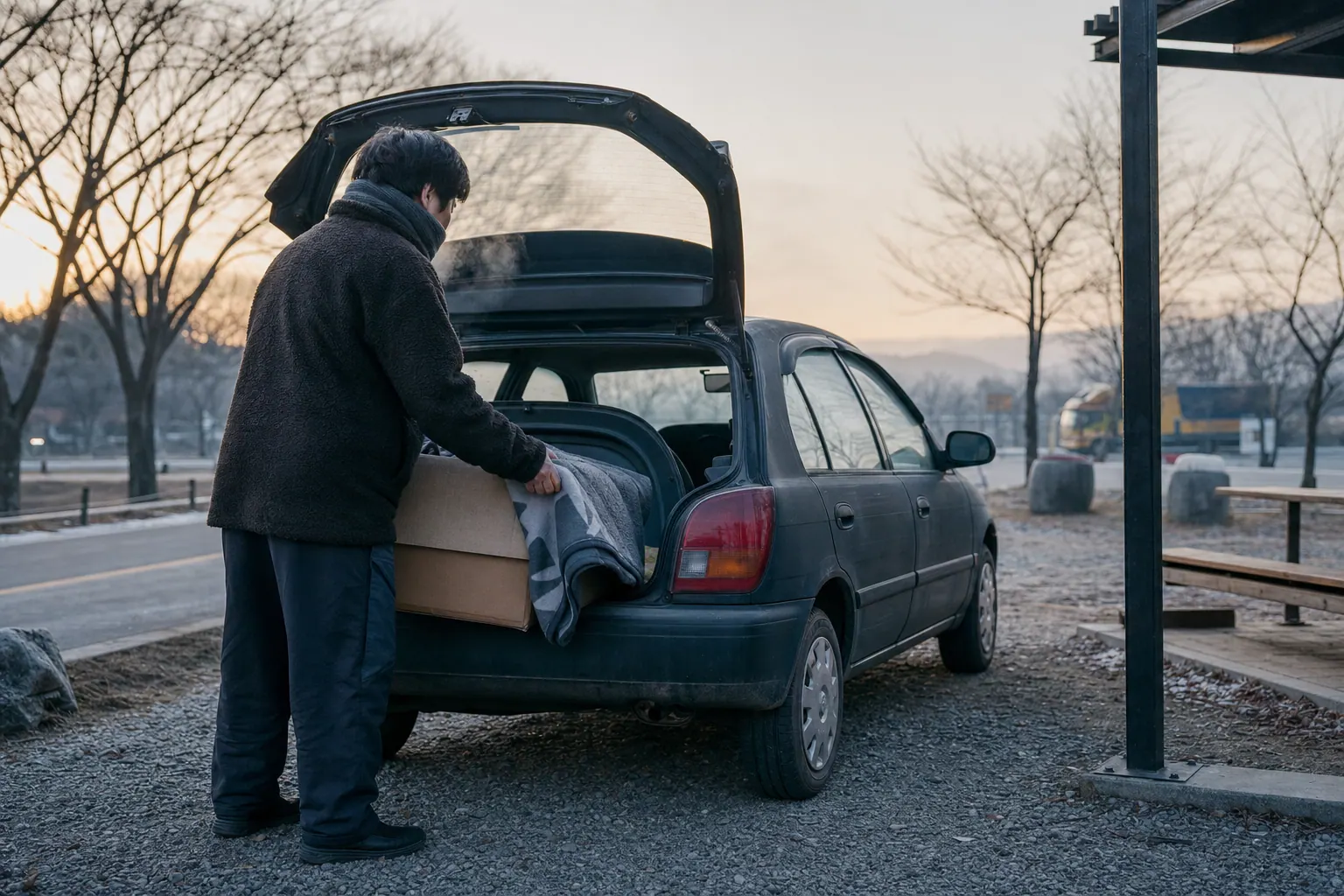 A photorealistic documentary photograph of a gravel highway rest stop at grey winter dawn, a middle-aged person loading boxes and a folded blanket into the back of an older hatchback, breath visible in the cold air.