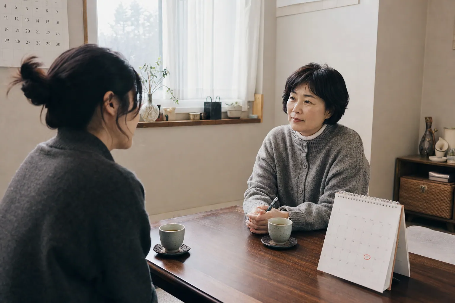 A photorealistic documentary photograph of a small counseling room in winter, a low wooden table with two cups of barley tea, a paper calendar with a date circled in pen, soft daylight through a curtained window.