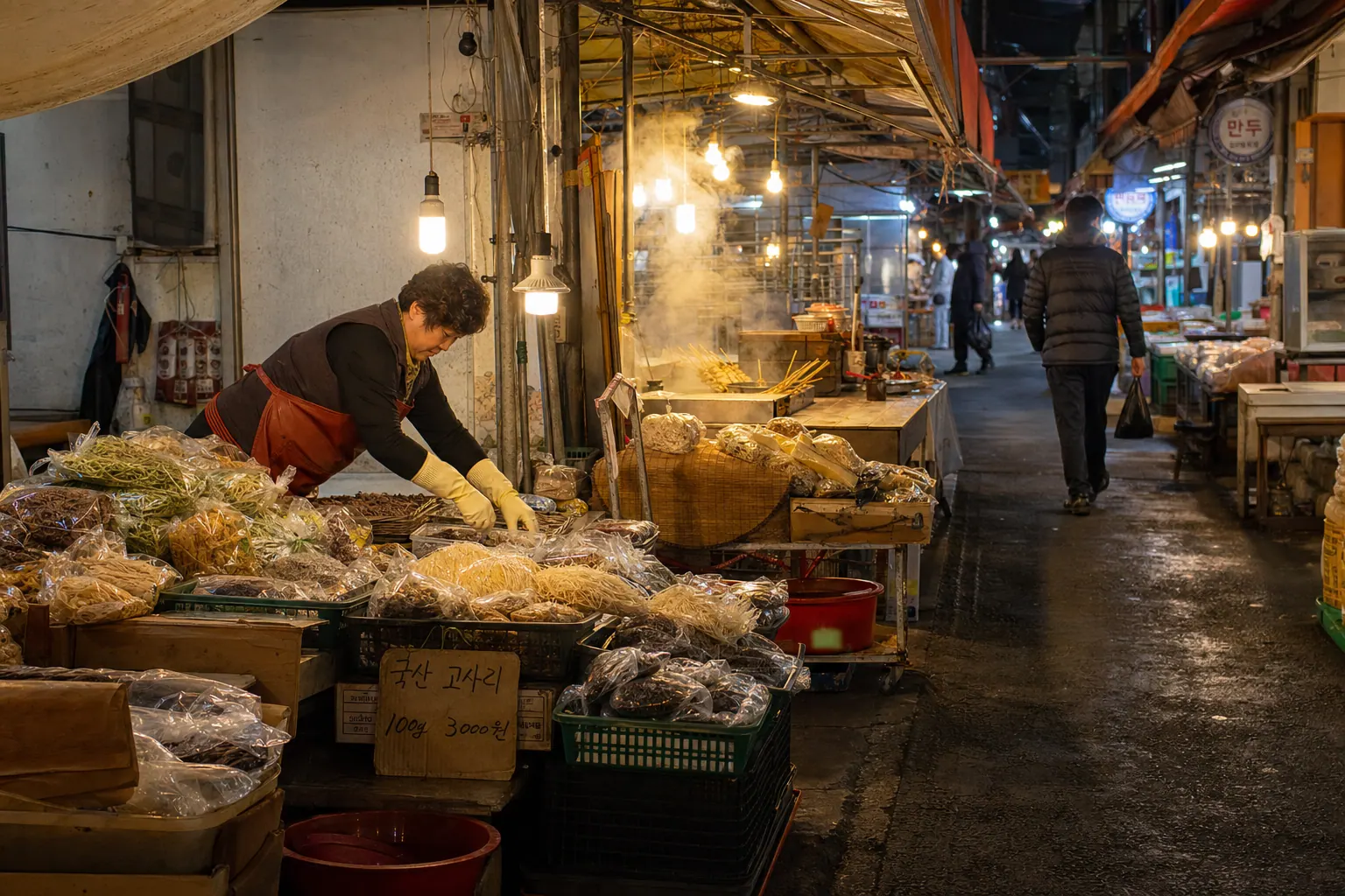 A photorealistic documentary photograph of a covered night market in autumn, a middle-aged vendor arranging goods under warm hanging bulbs, steam rising from a food stall nearby, a handwritten price sign taped to a crate, few customers in the aisle.