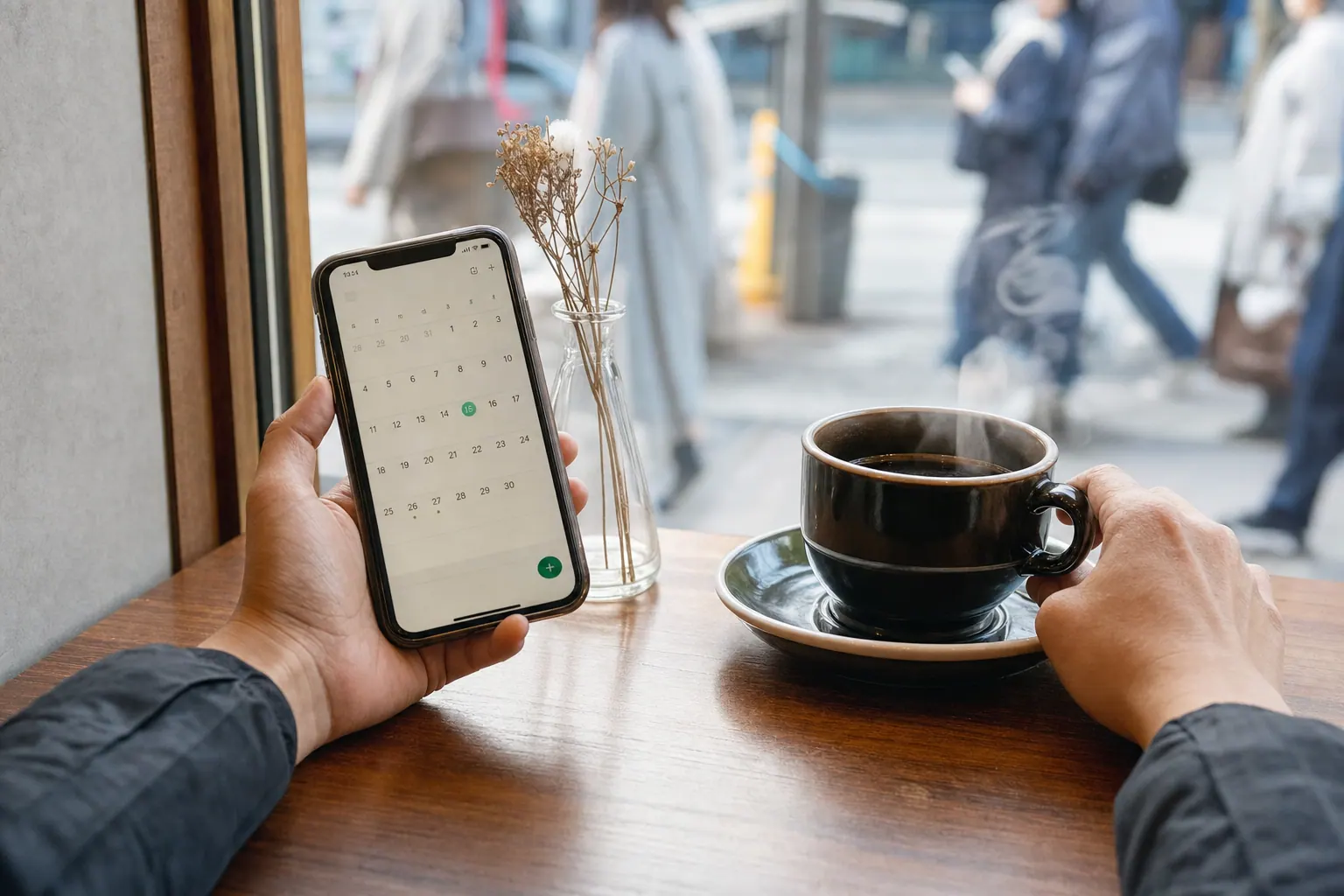 Two hands on a cafe table in daytime, one holding a phone showing a calendar app, the other resting on a saucer, steam rising from a coffee cup, blurred pedestrians passing the window behind them.