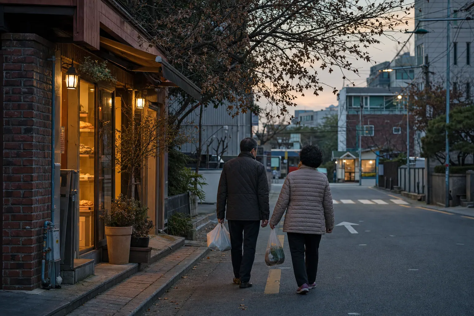 A quiet neighborhood street in Seoul at dusk, an older couple walking slowly side by side carrying grocery bags, warm light spilling from a small bakery, bare autumn branches overhead.