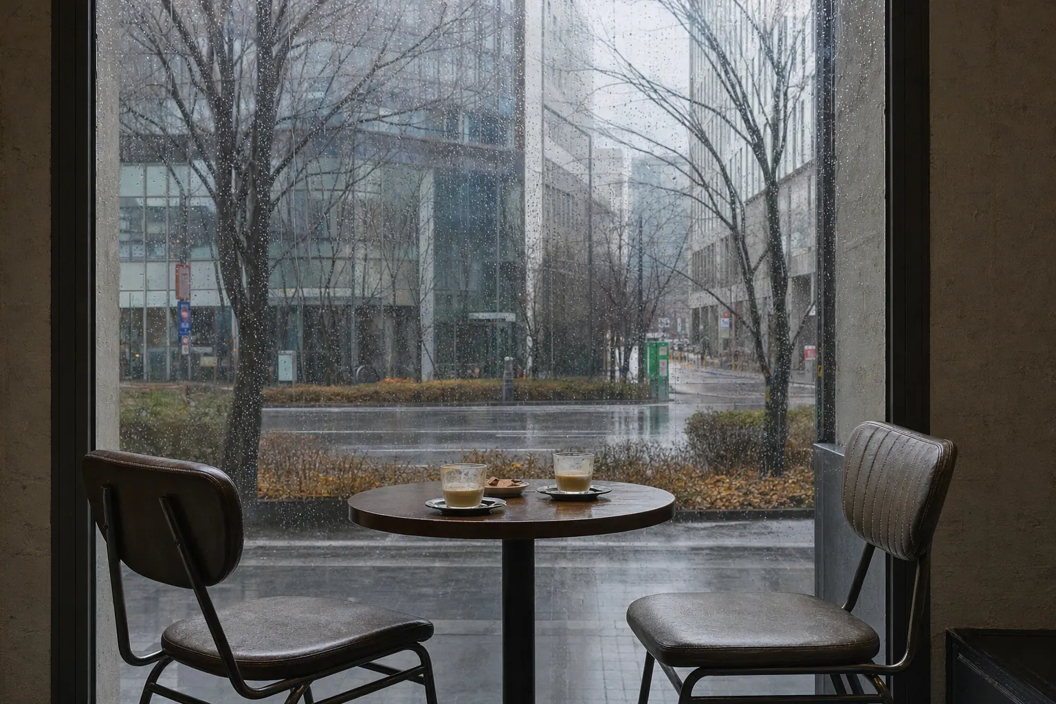 A documentary photograph of two empty chairs set slightly apart at a small cafe table by a rain-streaked window, early winter grey light outside, two unfinished coffees on the table.