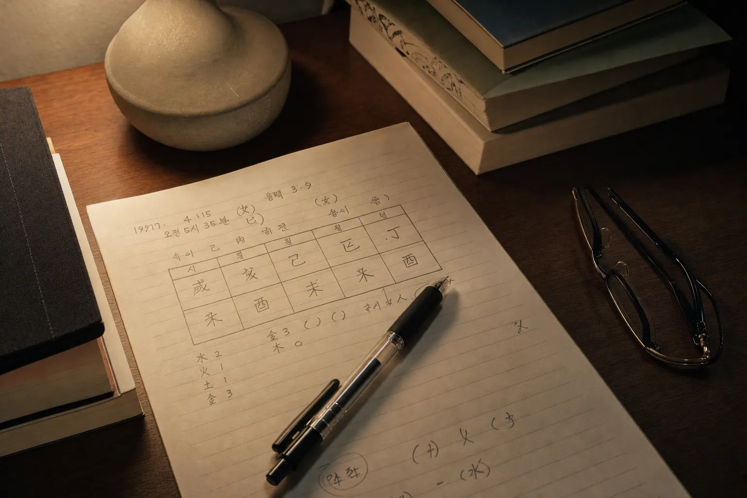A documentary photograph of a handwritten birth-time chart on lined paper, a pen resting across it, soft lamplight, a pair of reading glasses folded at the edge of the desk in a quiet evening room.