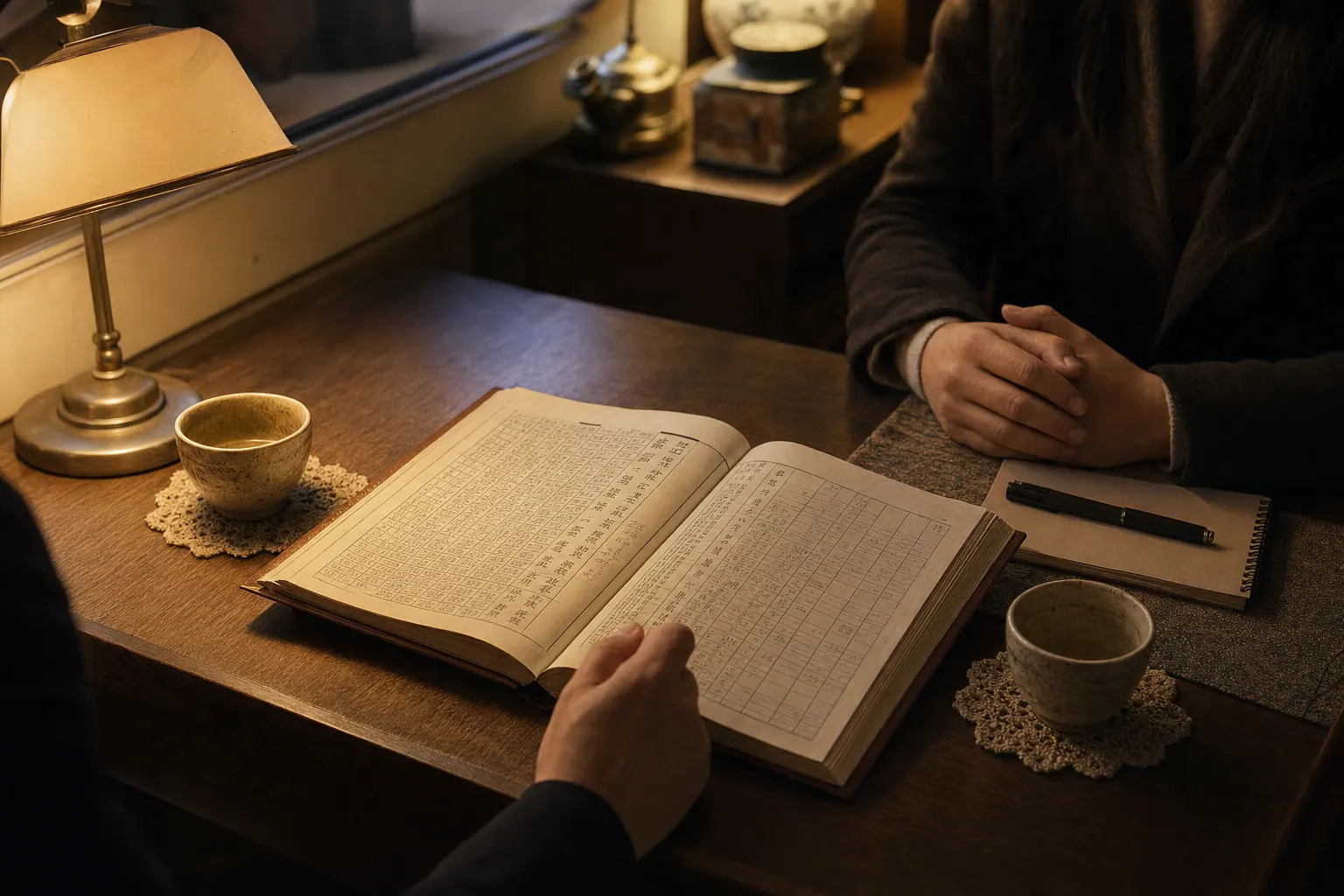 A photorealistic documentary photograph of a modest counseling room at dusk, a manseryeok almanac open on a worn wooden desk, two teacups nearby, a client's hands resting beside a small notebook, warm lamp light falling across the paper.