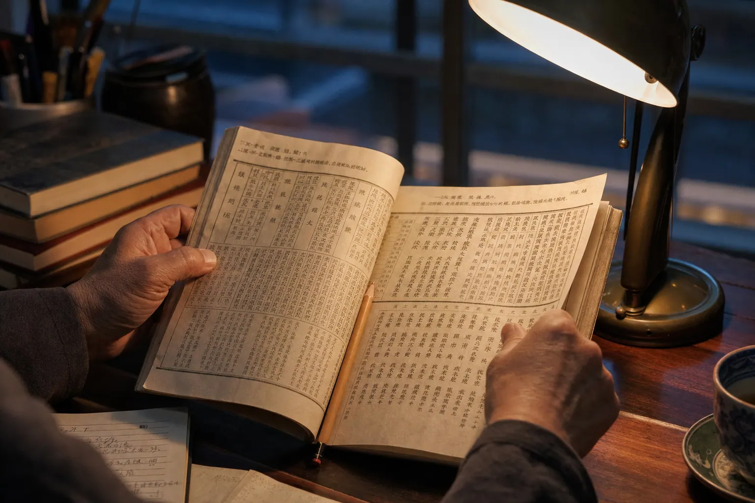 A photorealistic documentary photograph of two hands turning the worn pages of a printed Saju manual on a desk, a desk lamp casting warm light, a pencil resting in the gutter of the book, early evening.