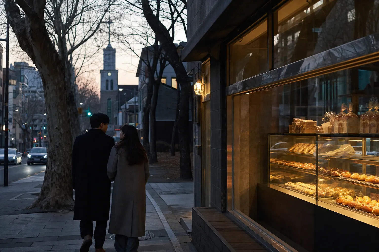 A photorealistic documentary photograph of a quiet neighborhood street in Seoul at dusk in late winter, a couple in coats walking slowly past a lit bakery window, bare trees along the sidewalk, soft grain.