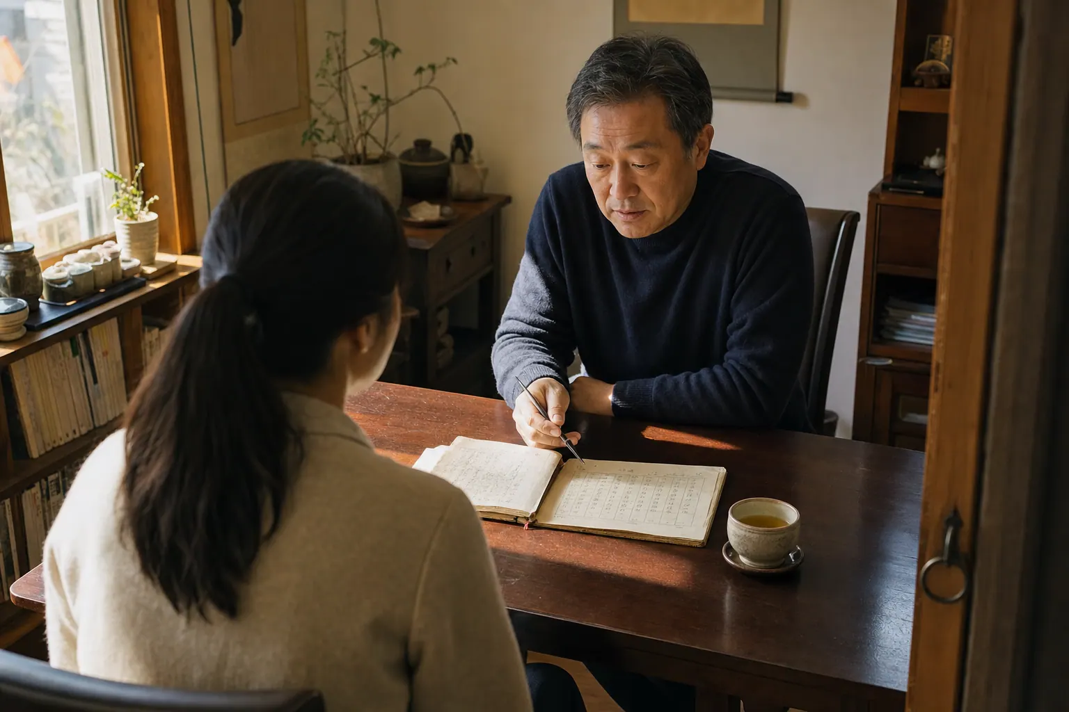 Interior of a quiet Korean consultation room in warm afternoon light, a low wooden table between two chairs, a worn notebook and a paper chart of columns and characters open on the table, tea cooling in a plain cup.