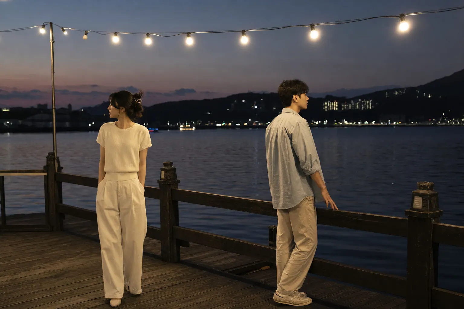 Two young adults standing slightly apart at dusk on a wooden pier over dark water, string lights strung overhead, both looking out rather than at each other, a documentary candid frame with soft ambient glow.